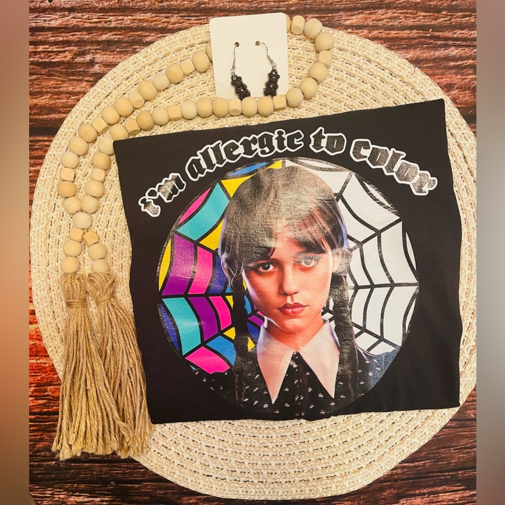 Wednesday Tee with Black gummy bear earrings